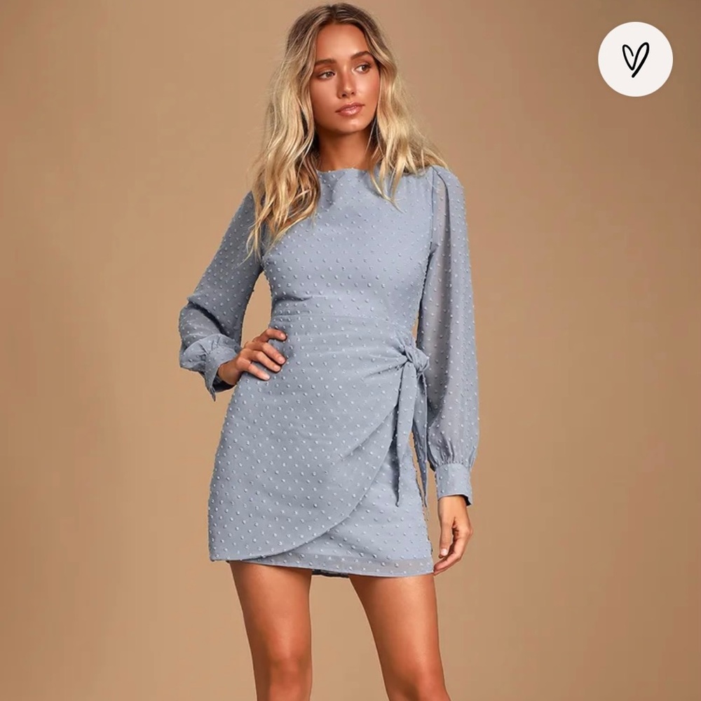 Much Love Light Blue Swiss Dot Long Sleeve Tie-Front Mini Dress